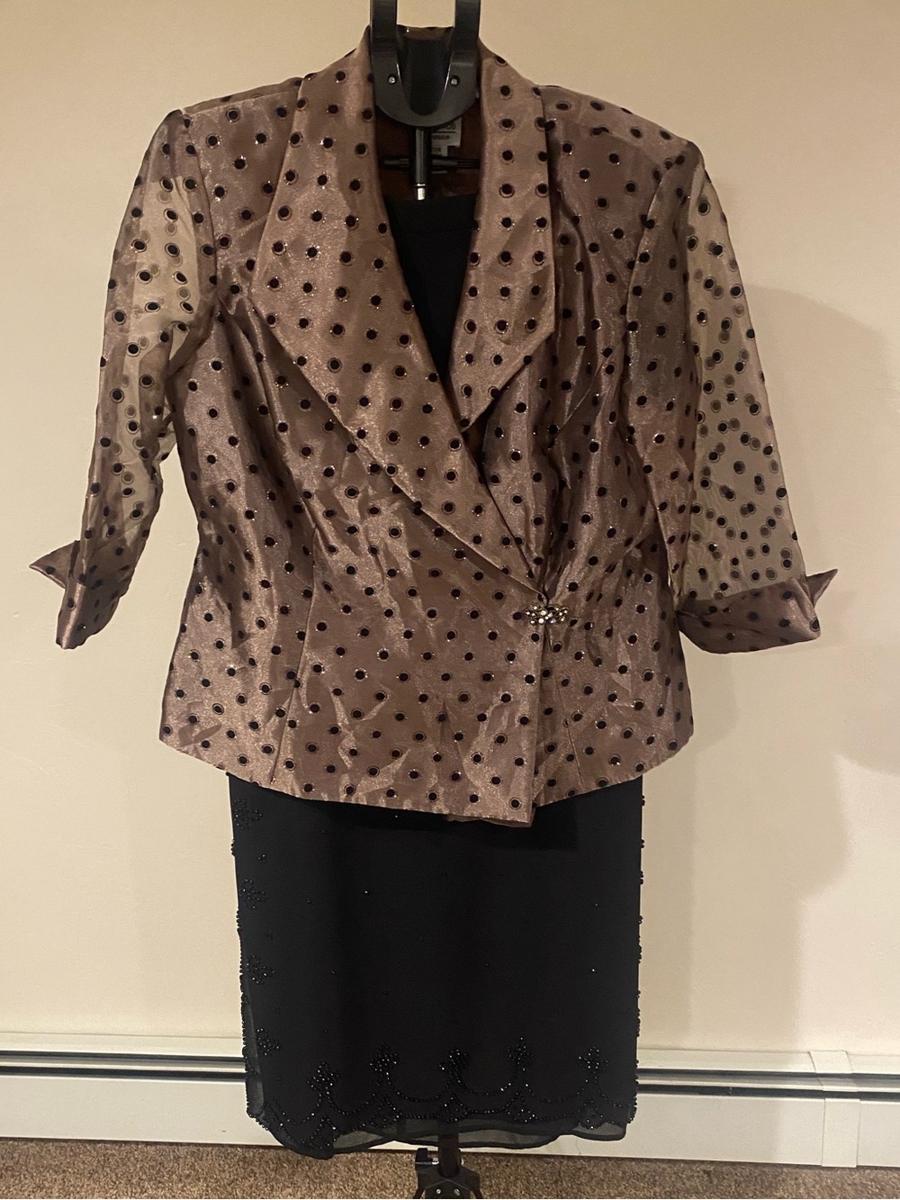 R&M Richards Taupe Satin Polka Dot Cropped Blazer & JR Nites Long Black Skirt